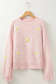 Flower Round Neck Dropped Shoulder Sweater