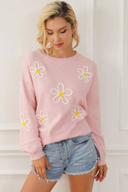 Flower Round Neck Dropped Shoulder Sweater