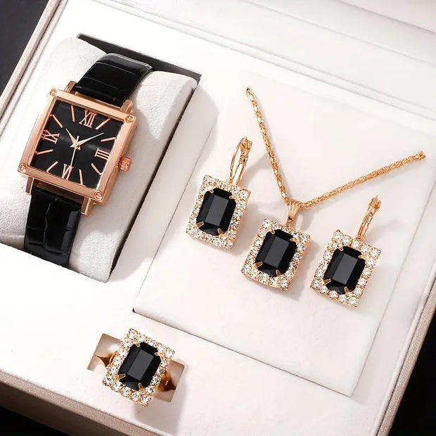 Women's Fashion All-match Diamond Belt Quartz Watch 4-piece Set