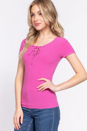 ACTIVE BASIC Lace Up Short Sleeve Rib Knit T-Shirt